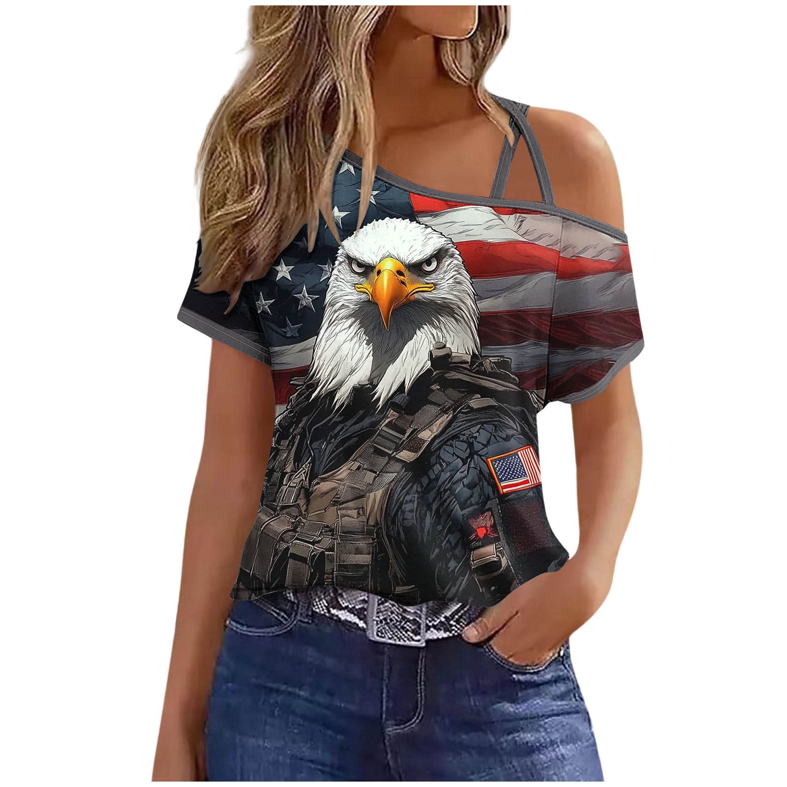 4th of July Outfits for Women Cold Shoulder Short Sleeve Casual Top ...