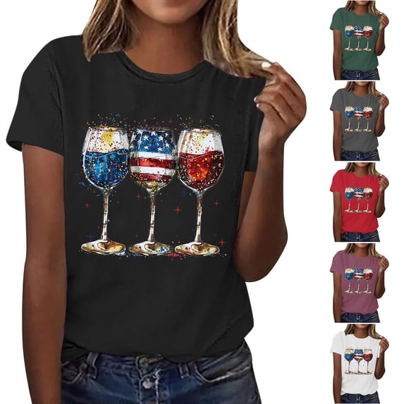 4th of July Outfits for Women Patriotic T Shirts with Wine Glasses Short Sleeve Round Neck Tops Graphic Summer Tees Independence Day Shirt