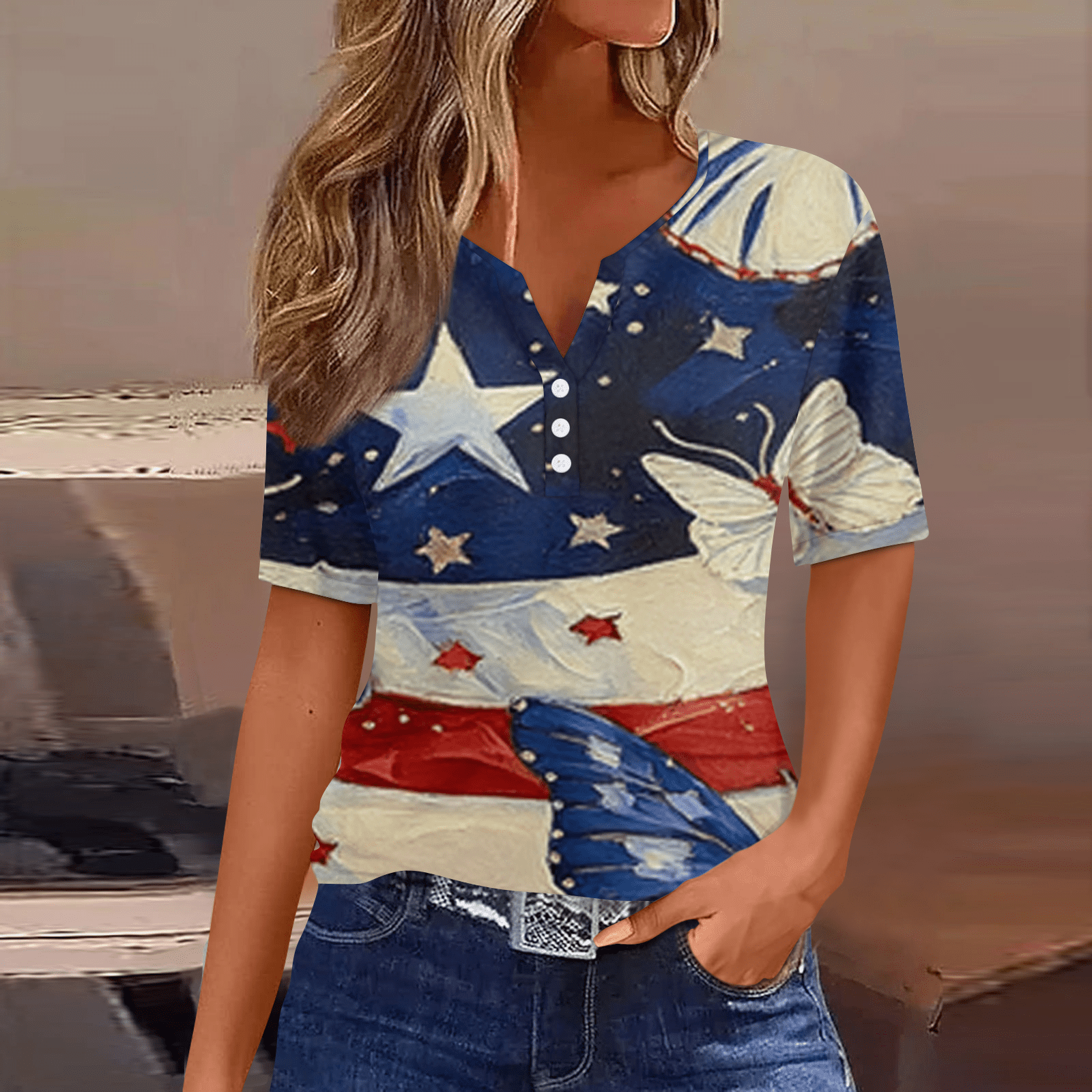 4th of July Outfits for Women V-Neck Henley Patriotic Tops Short Sleeve ...