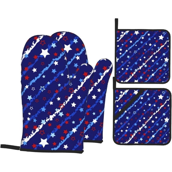 4th of July Oven Mitts and Pot Holders Sets 4 pcs, Kitchen Oven Gloves Heat Resistant BBQ Gloves Non Slip for Chef, Baking