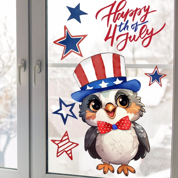 4th of July Owl Window Clings, Removable Patriotic Star Glass Decals for Independence Day Home Window Fridge Decor