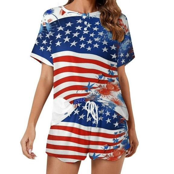 4th of July Pajama Set for Women 2 Piece Sleepwear Loungewear Short Sleeve