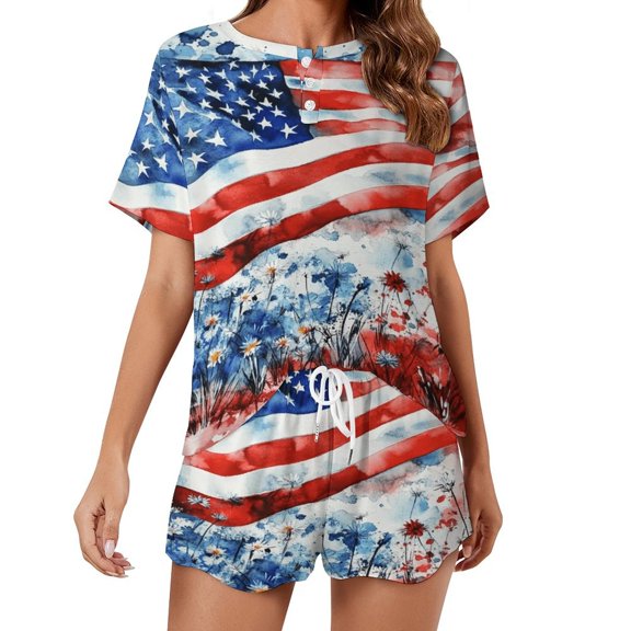 4th of July Pajama Set for Women 2 Piece Sleepwear Loungewear Short Sleeve
