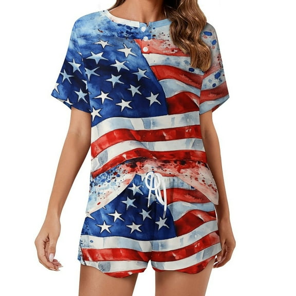 4th of July Pajama Set for Women 2 Piece Sleepwear Loungewear Short Sleeve