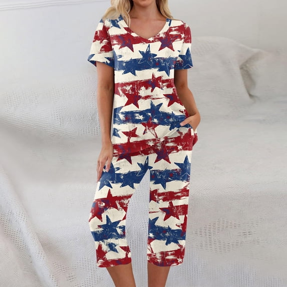4th of July Pajama Sets for Women 2 Pieces Pajamas Red Blue Star and Stripes Print Pullover Short Sleeve Top and Capri Pants Sleepwear