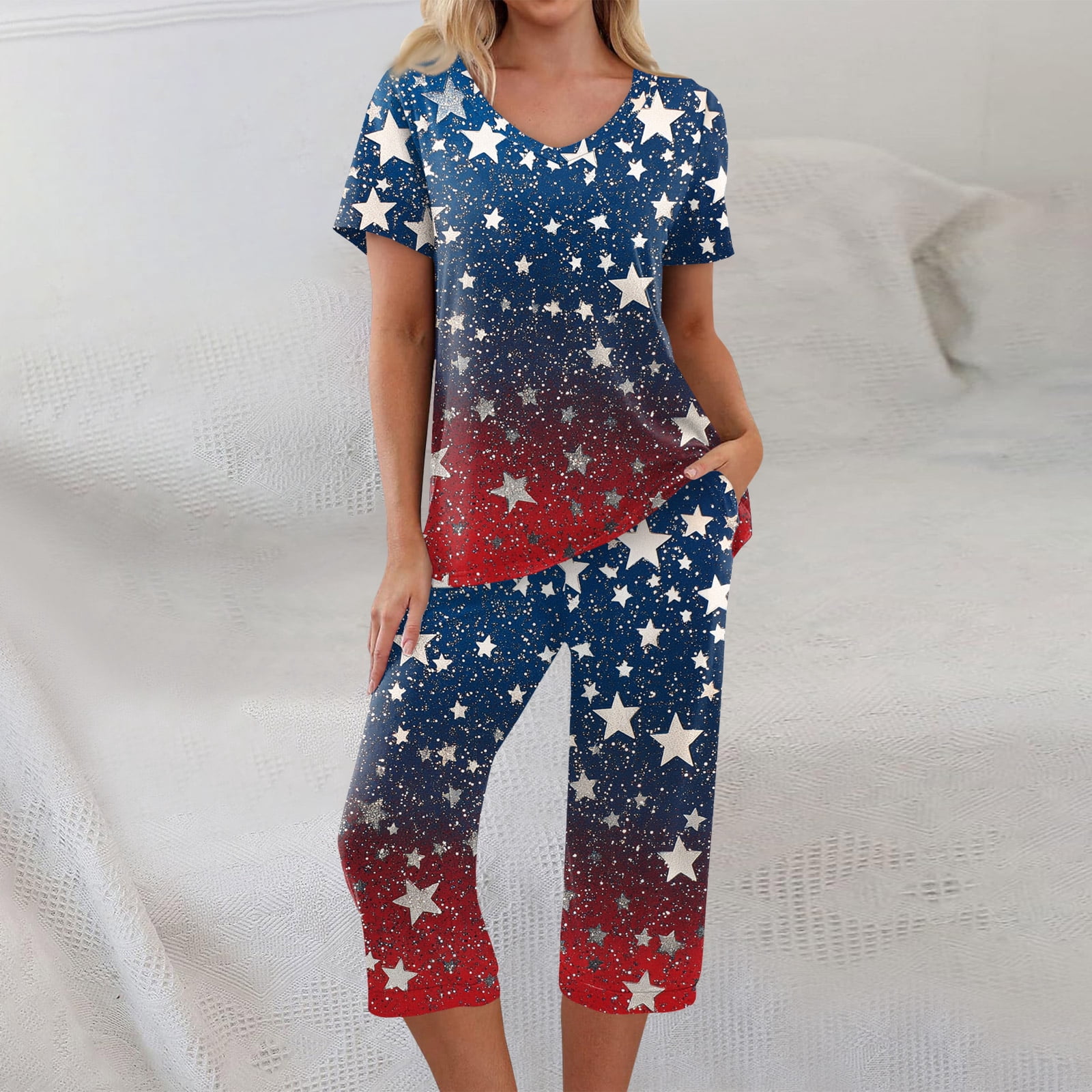 4th of July Pajamas for Women Set Soft Comfy Pajamas Red Blue and White ...