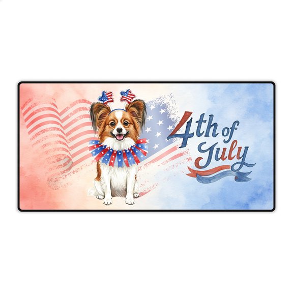 4th of July Papillon Celebrates Independence Day Desk Mat Full Keyboard Mouse Pad Pap Butterfly Dog Lover Large Mousepad - 12010