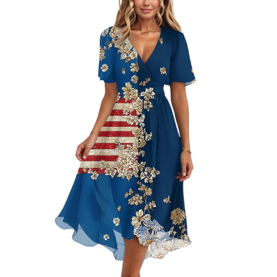 4th of July Party Dresses for Women Patriotic Short Sleeve Wrap V Neck Tie Waist A-Line Ruffle Hem Flowy Midi Cocktail Dress
