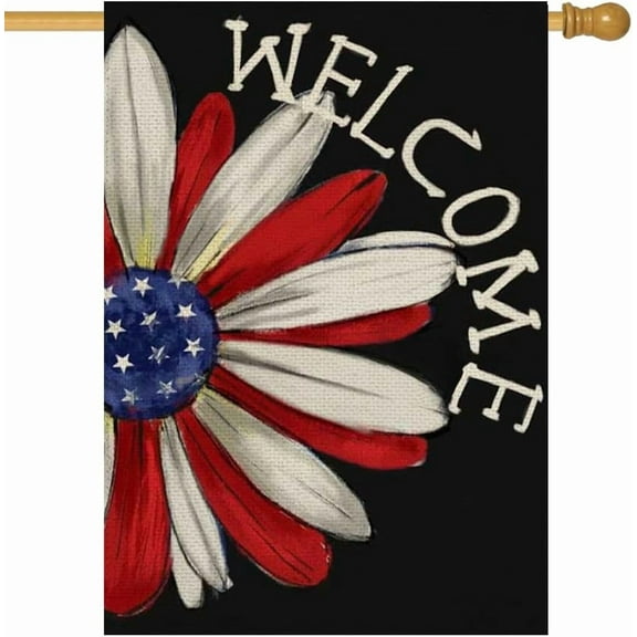 4th of July Patriotic 28x40 Double Sided for Outside, Welcome American Daisy Memorial Day Independence Day Holiday Outdoor Flag Deoration 4-28
