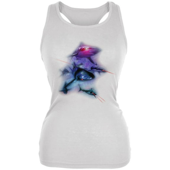 4th of July Patriotic American Galaxy Laser Sharks Juniors Soft Tank Top White MD