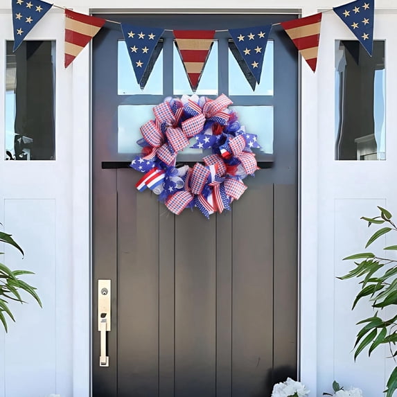 4th of July Patriotic Burlap Wreath, Star & Ribbon Design, Front Door ...