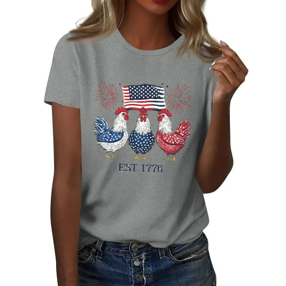 ‌4th of July Patriotic Chicken Graphic Tee - Ladies' Lightweight Round Neck Shirt, Faded USA Flag & Summer Ready