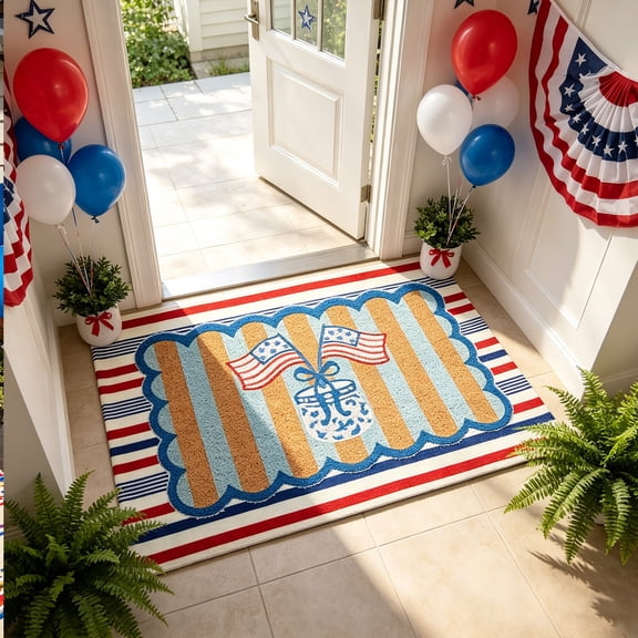 4th of July Patriotic Coir Doormat, USA Flag Striped Wavy Edge Non-Slip Front Door Welcome Mat 40×60cm