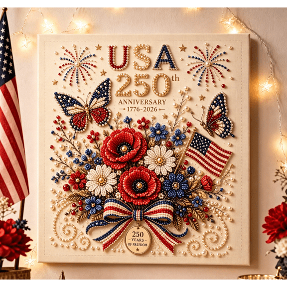 4th of July Patriotic DIY Art Kit, USA 250th Anniversary Pearl Beaded Floral Diamond Painting, 1776-2026 Pearl Embroidery Canvas Craft Decoration Set