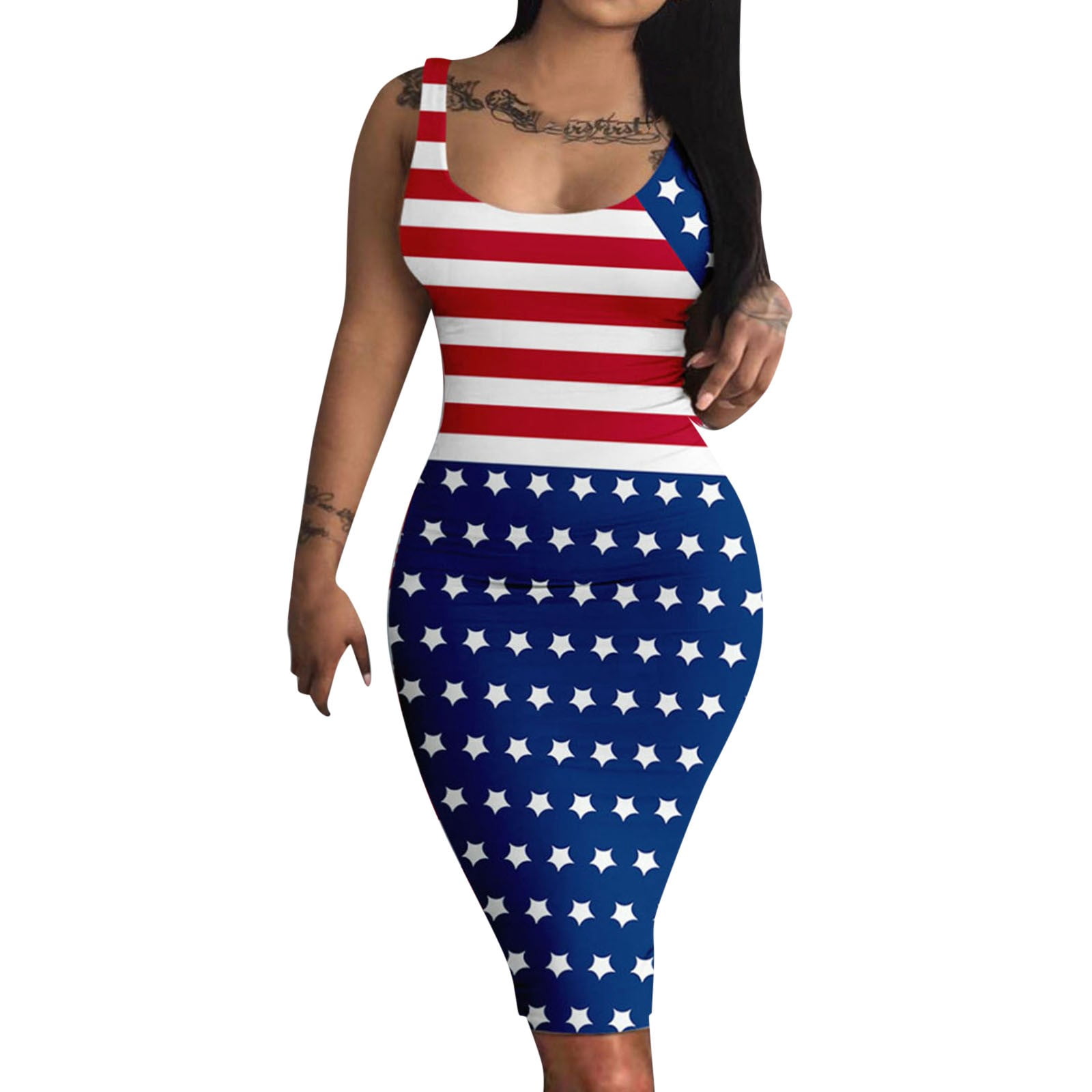 4th of July Patriotic Dress Patchwork Bodycon Summer Sleeveless Slim Flowy Sundress Blue L