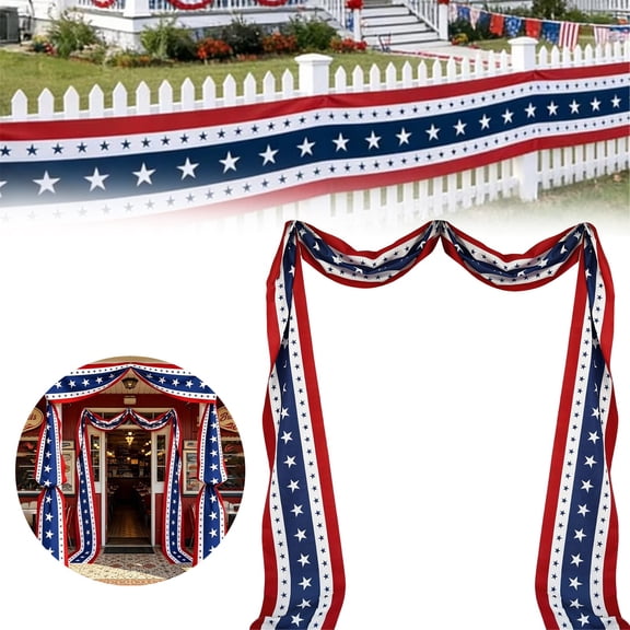 4th of July Patriotic Fabric Bunting Swag,19.7X299inch Red White Blue Star Print Flag Ribbon, Independence Day Memorial Day Door Mantel Decor
