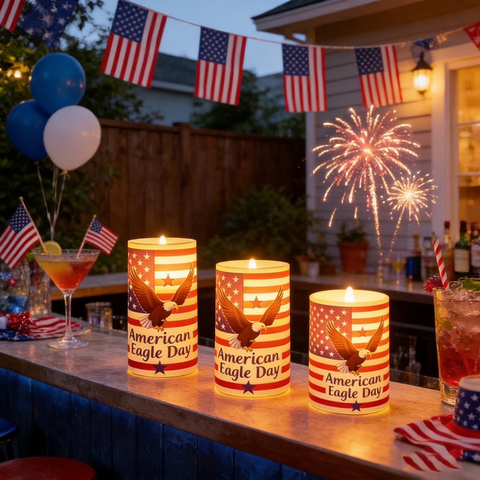 4th of July Patriotic Flameless Candles, Set of 3 LED Candles with Remote, Red White Blue Star Stripe Decor for Independence Day