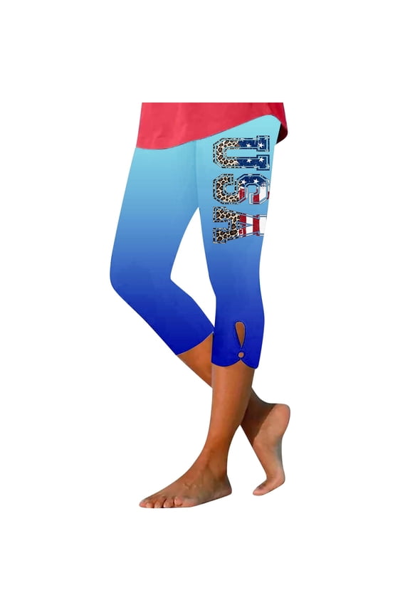 4th of July Patriotic Leggings for Women Summer Casual Leopard Letter Print Capri Beach Cropped Stretchy Casual Pants Blue XXXXL