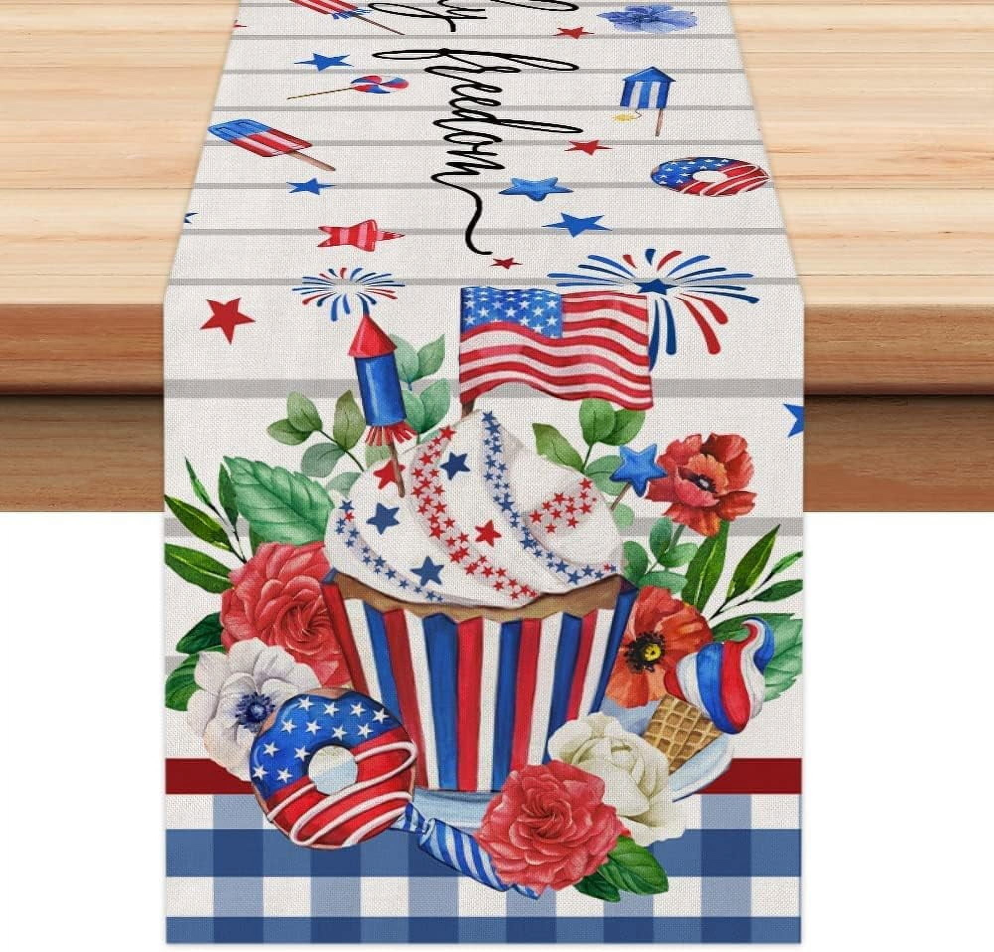 4th of July Patriotic Linen Table Runner Check Cake American ...