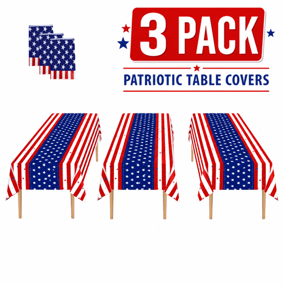 250th Anniversary 4th of July Patriotic Plastic Tablecloth 3 Pack 54 x 108 Inch Disposable Table Covers, Red White Blue