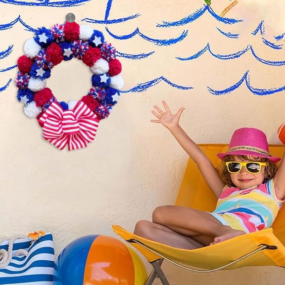 4th of July Patriotic Pom-Pom Wreath, Red White Blue Design, Front Door Decor, Holiday Home Accent, 11.8In for Independence Day Celebration
