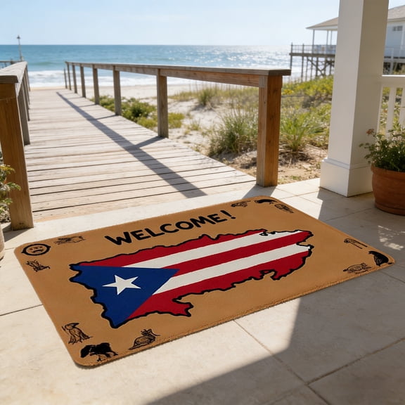 4th of July Patriotic Puerto Rico Map Welcome Doormat, 23.6x15.7in Non-Slip Entry Door Mat for Independence Day Home Decor