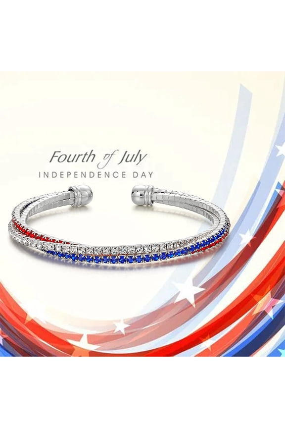 4th of July Patriotic Rhinestone Bracelet, Red White Blue American Flag Bangle, Sparkly Independence Day Jewelry Gift for Women Girls