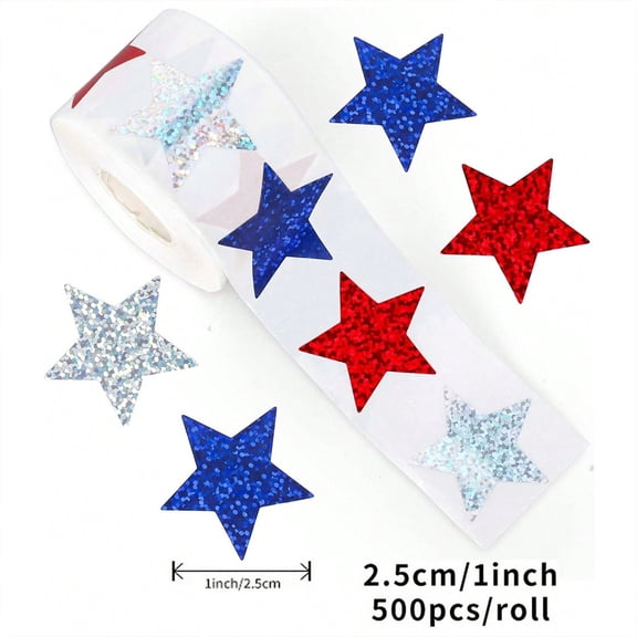 4th of July Patriotic Star Stickers Roll, 500Pcs 1 inch Red White Blue Glitter Star Stickers for Independence Day Party Decoration