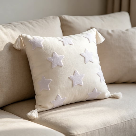 4th of July Patriotic Striped Pillow, Cream Corner Tassels Velvet Design, Soft Cushion for Sofa Bed Patio Living Room