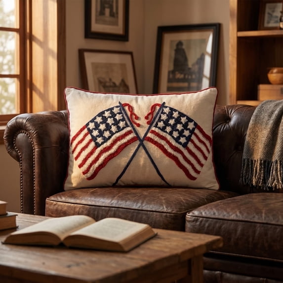 4th of July Patriotic Striped Pillow, Red Piped Trim Velvet Design, Soft Cushion for Sofa Bed Patio Living Room