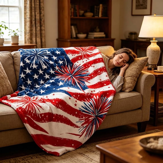 4th of July Patriotic Throw Blanket, American Flag & Fireworks Plush Blanket
