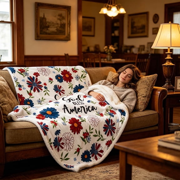 4th of July Patriotic Throw Blanket, Soft Flannel Independence Day Blanket, American Flag Eagle Floral Printed Blanket for Couch Bed Sofa