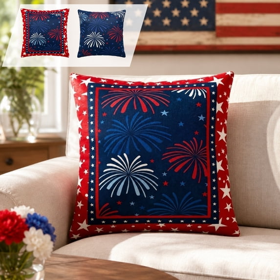 4th of July Patriotic Throw Pillow Cover, 18x18 Inch Red White Blue Stars & Fireworks Design, Square Cushion Case for Sofa, Couch and Bed
