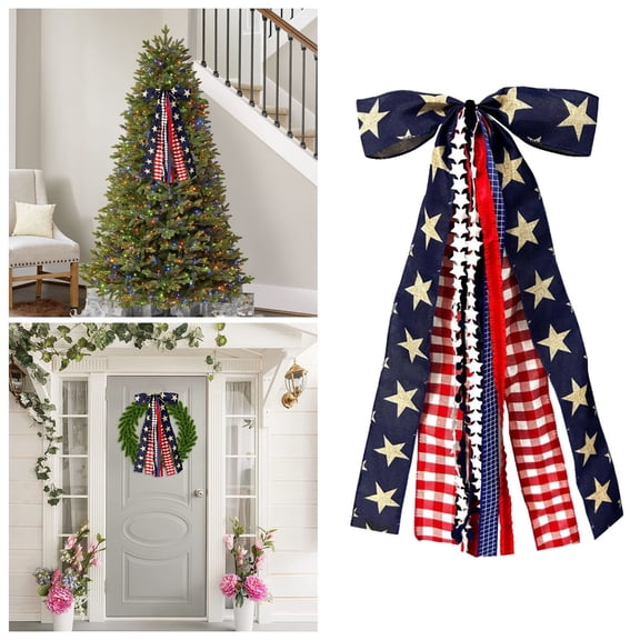 4th of July Patriotic Tree Topper Bow, 23.6In Star & Gingham Ribbon Bow, Red White Blue Wreath Bow for Independence Day Party Decor