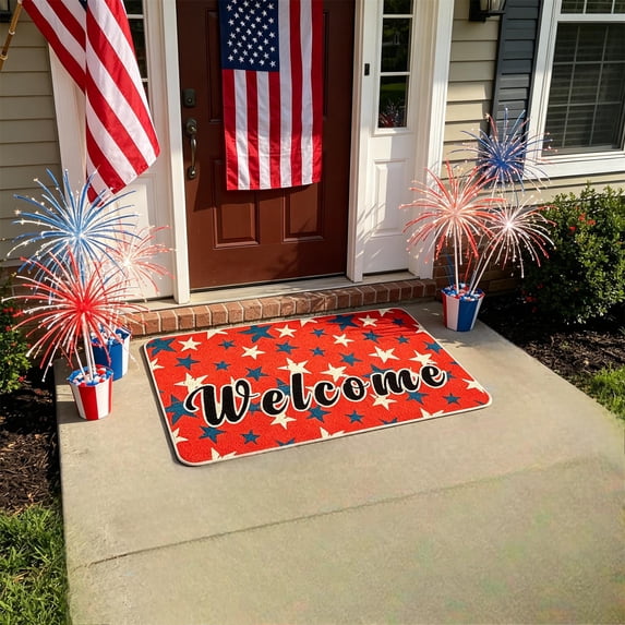 4th of July Patriotic Welcome Doormat Retro American Flag Stars Stripes Door Mat Indoor Outdoor Home Kitchen Decoration,15.75x3.14x3.14 Inch