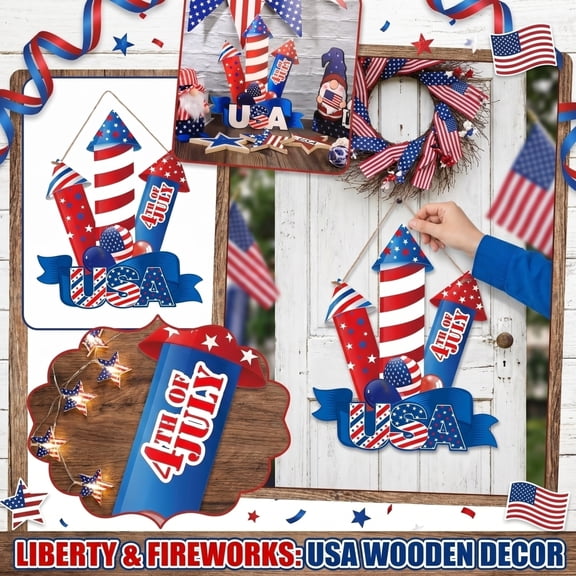 4th of July Patriotic Wooden Sign, 12.6" Independence Day Rocket Door Hanger, Natural Wood Red White Blue Front Door Decor