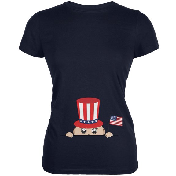 4th of July - Peeking Baby Navy Juniors Soft T-Shirt - Medium