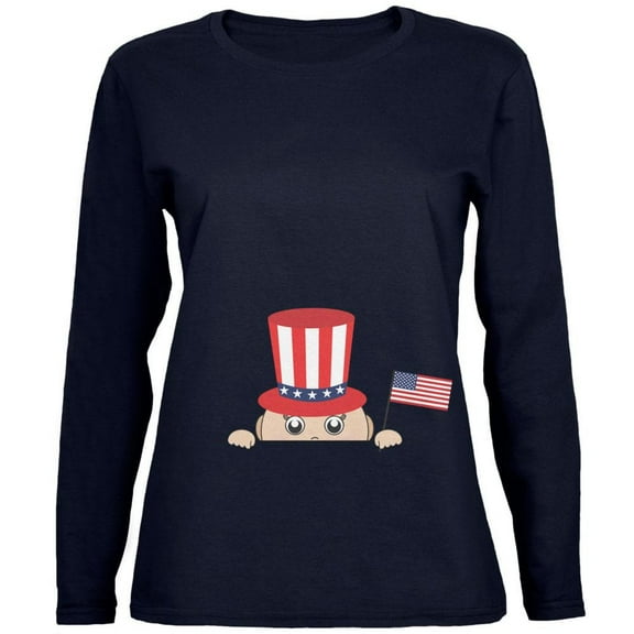 4th of July - Peeking Baby Navy Womens Long Sleeve T-Shirt - Large