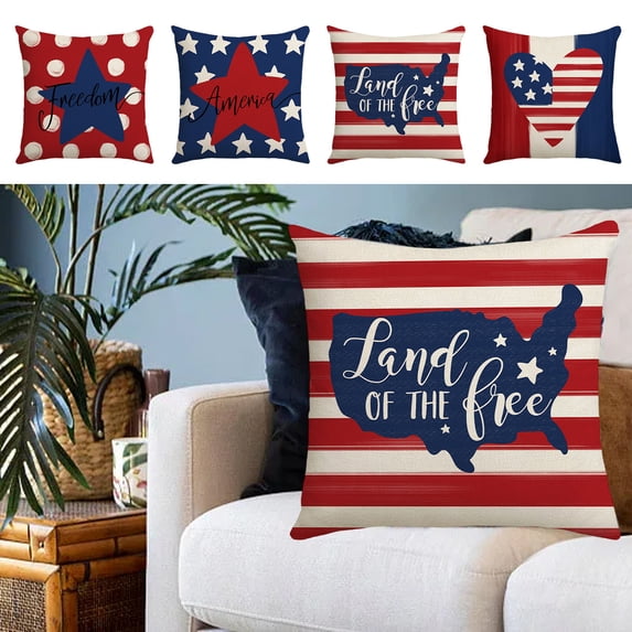 4th of July Pillow Covers 18x18 Linen Patriotic Star Letter Print Throw Pillow Case Independence Day Decorative Cushion Cover for Sofa by PALIFEUR