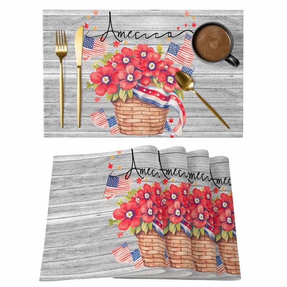 4th of July Placemats Set of 2, Red Flower US Flag Non-Slip Place Mats Washable Table Mats for Kitchen Dining Table Decorations Indoor/Outdoor