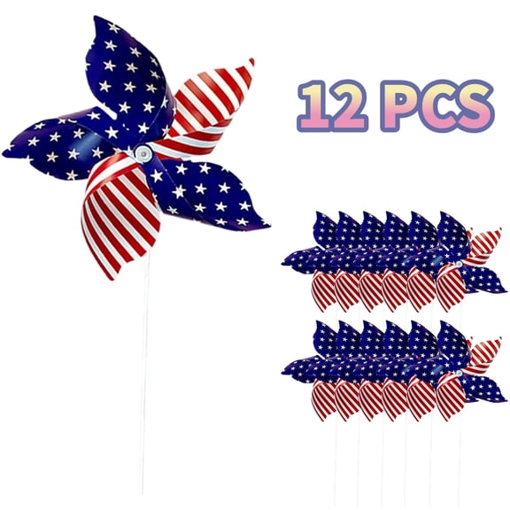 4th of July Plastic Handheld Pinwheel with Star Stripe Design, Patriotic Windmill for Lawn Decoration, Handheld Toy,12PCS