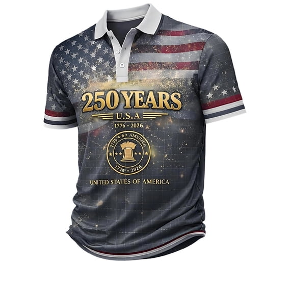 4th of July Polo Shirts for Men's 250th Anniversary Patriotic Graphic Shirt Fashion Trend Classic Loose Plus Size Casual Shirt Grey L
