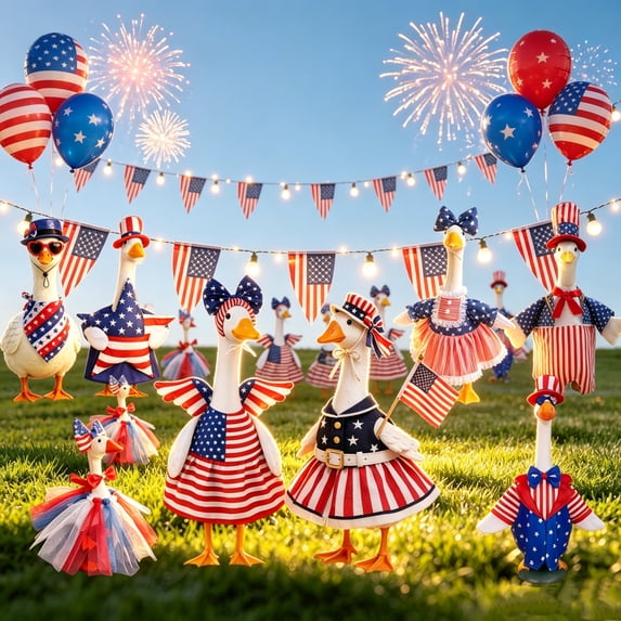 4th of July Porch Goose Outfit, Star & Stripe Lace Dress with Bow for 7 Inch Lawn Goose Statue, Outdoor Decor for Independence Day