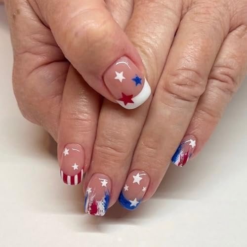 4th of July Press Nails Short Square - Red White & Blue Tip with Design, Full Cover Glossy Nails 24 count for Women Memorial Day