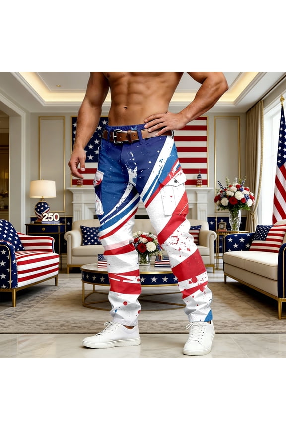 4th of July Printed Cargo Trousers USA 250th Anniversary Mens Casual Outdoor Pants with Multiple Pockets White XXXXL