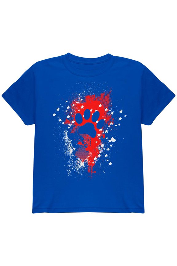 4th of July Puppy Dog Paw Print Stars and Splatters Youth T Shirt Royal YSM