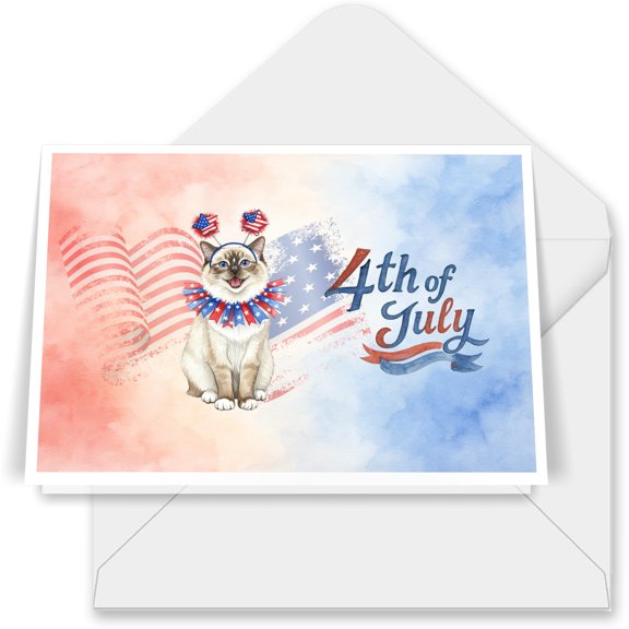4th of July Ragdoll Celebrates Independence Day 7x5in Folded Greeting Card Cat Lover Kitten Owner Gifts Idea Single Note Card with Envelope - 12010
