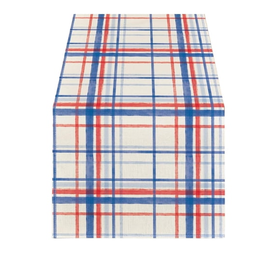 4th of July Red White Blue Plaid Table Runner, Independence Day Patriotic Checkered Polyester Linen, Holiday Decor for Dining Kitchen Table