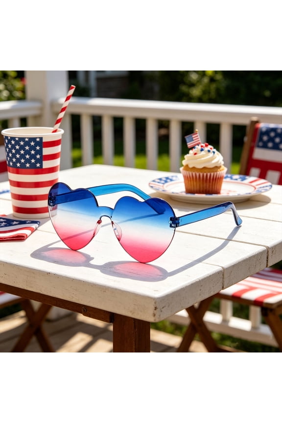 4th of July Red White Blue Sunglasses, Patriotic Rimless Heart/Star Glasses for Party Favors