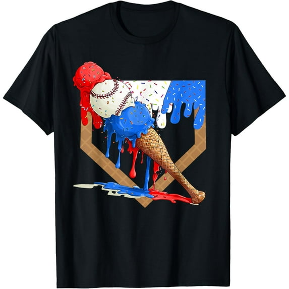 4th of July Red White and Blue Baseball Ice Cream Drip Boys T-Shirt